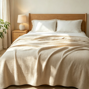 Linen Beige Waffle Muslin Throw Blanket