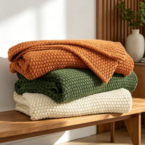 Beige Cable Knit Cotton Throw Blanket