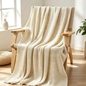 Cream White Cable Knit Cotton Throw Blanket