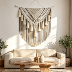 Beige Grey Oversized Fringe Boho Tapestry Wall Hanging