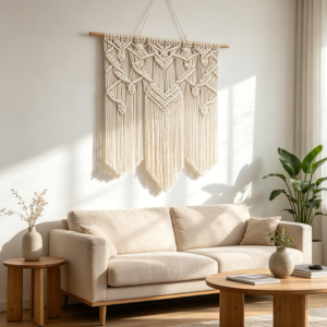 Beige Geometric Boho Tapestry Wall Hanging 70x70cm
