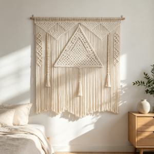 Beige Boho Cotton Tassel Tapestry Wall Hanging 43.3x39.4