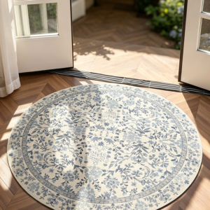 Blue Cream Floral Washable Low-Pile Carpet