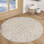 Cream Beige Distressed Floral Washable Rug