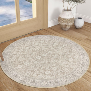 Cream Beige Distressed Floral Washable Rug