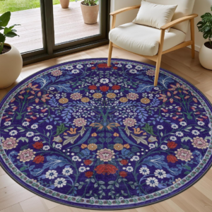 Blue Boho Floral Stain-Resistant Washable Rug