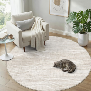 Beige Modern Striped Low-Pile Washable Rug