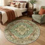 Brick Brown Green Floral Boho Washable Rug