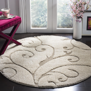 Cream Beige Scroll-Pattern High-Low Plush Rug