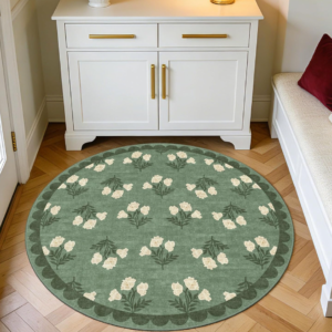 Sage Green Boho Floral Scalloped Washable Rug