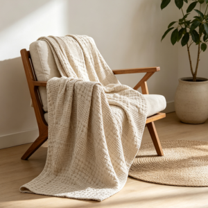 Light Taupe Cotton Waffle Throw Blanket