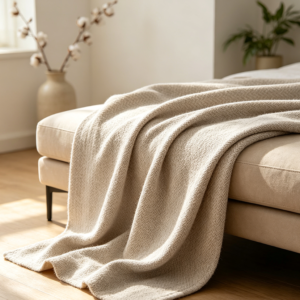 Linen Beige Herringbone Cotton Throw Blanket