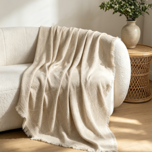 Natural Flax Jacquard Tassel Throw Blanket